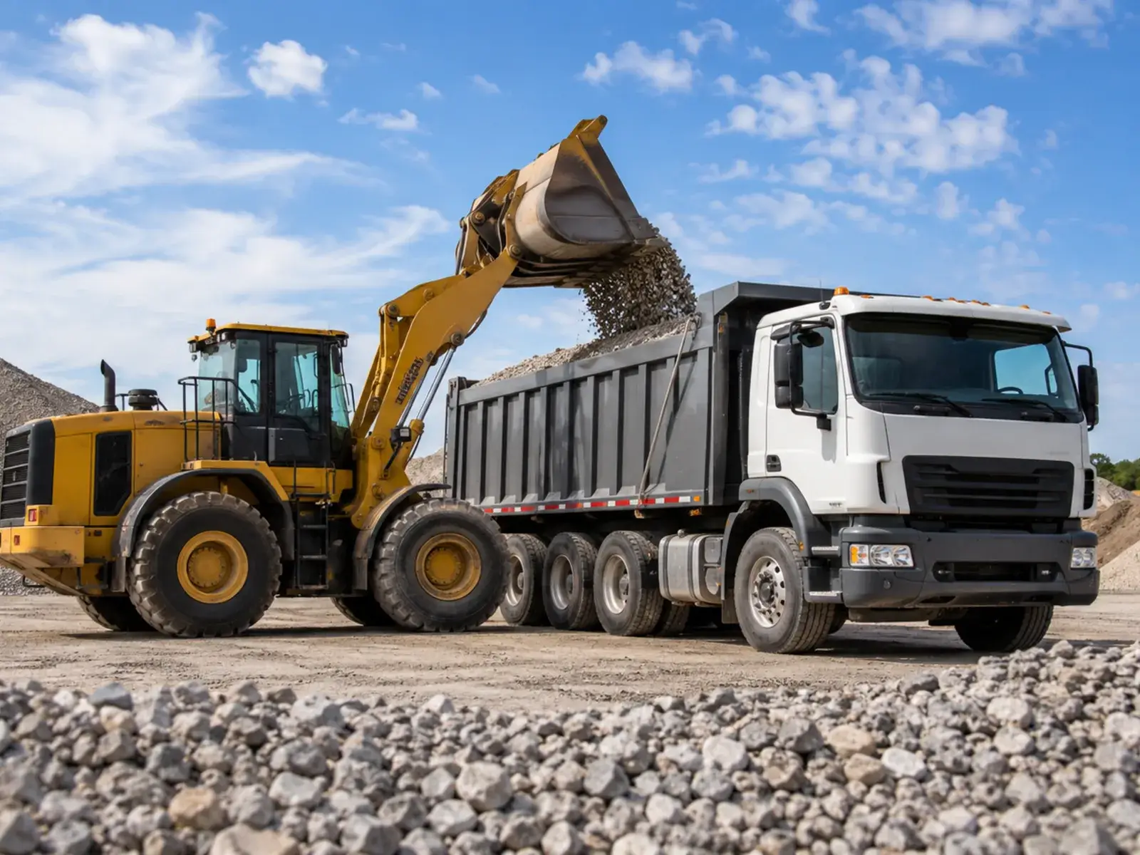 Contractor reviewing aggregate sales materials beside compacted base for a new driveway installation