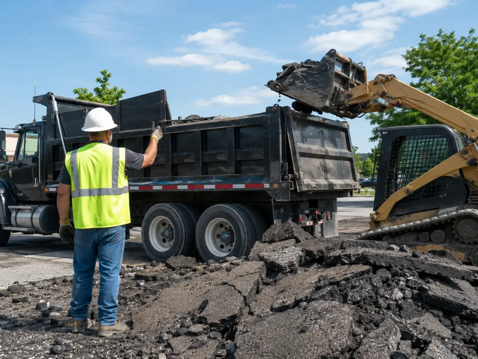 Workers loading broken pavement for asphalt disposal after removing an aging residential driveway