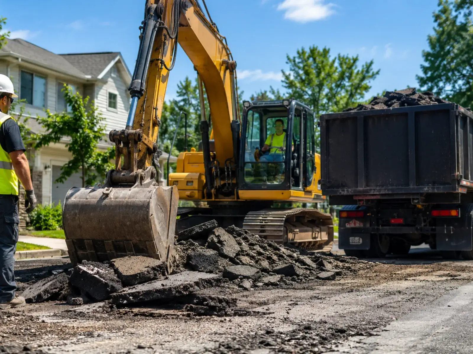 Equipment operator sorting asphalt disposal debris beside a freshly milled parking lot surface