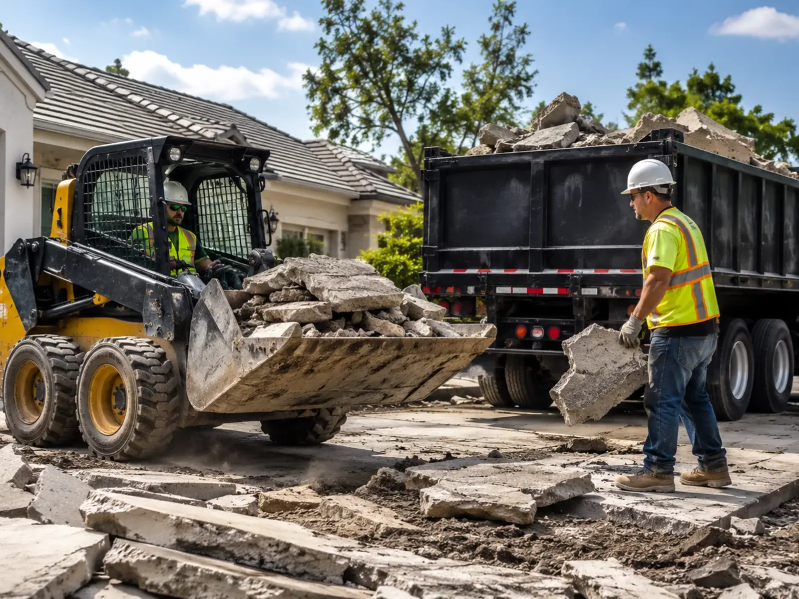 Crew loading broken concrete disposal debris from a removed driveway into a haul-away container, Experienced workers managing concrete disposal with careful loading around a narrow residential access lane