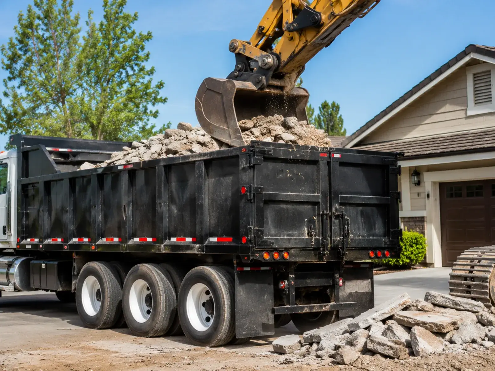 Operator managing concrete disposal materials with equipment beside a freshly demolished slab, Crew performing concrete disposal beside a Menifee - CA home after breaking up an old patio