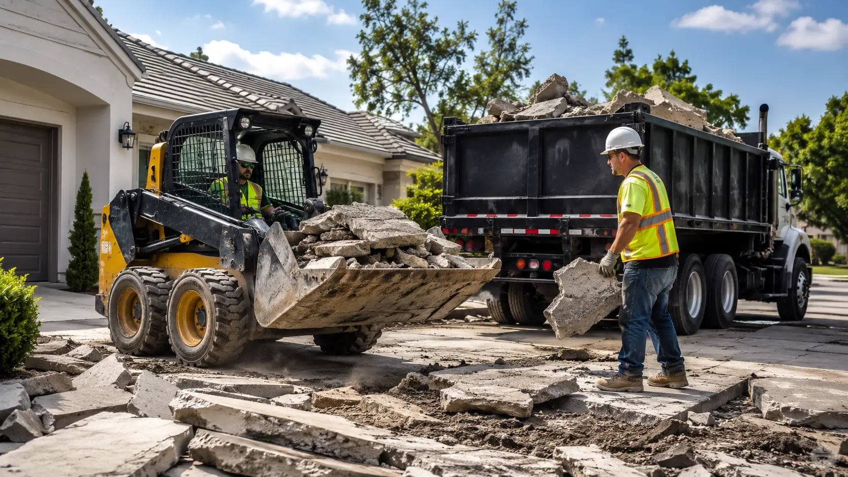 Crew loading broken concrete disposal debris from a removed driveway into a haul-away container
